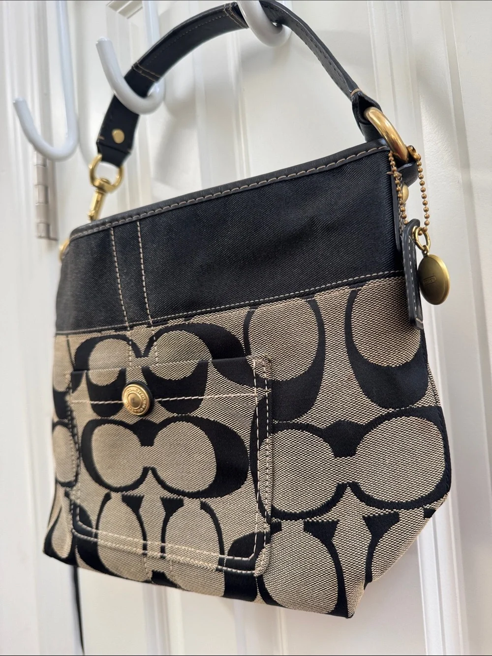 Coach Black and Khaki Signature Canvas Shoulder Bag